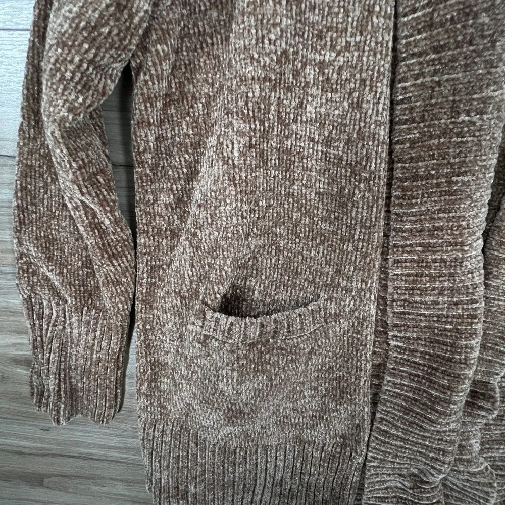 Orvis Brown Chenille Cardigan Sweater Shawl Collar Open Front Pockets Large
